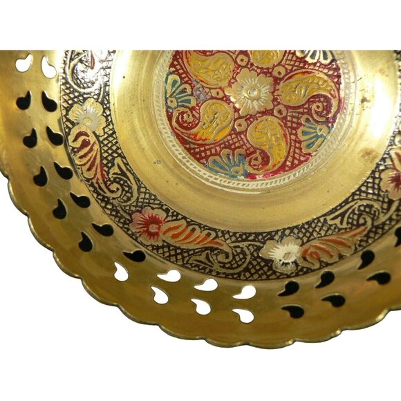 Dish Bowl Brass Pedestal Base Floral Cut Reticulated Laced border Hand Tooled - Picture 5 of 9